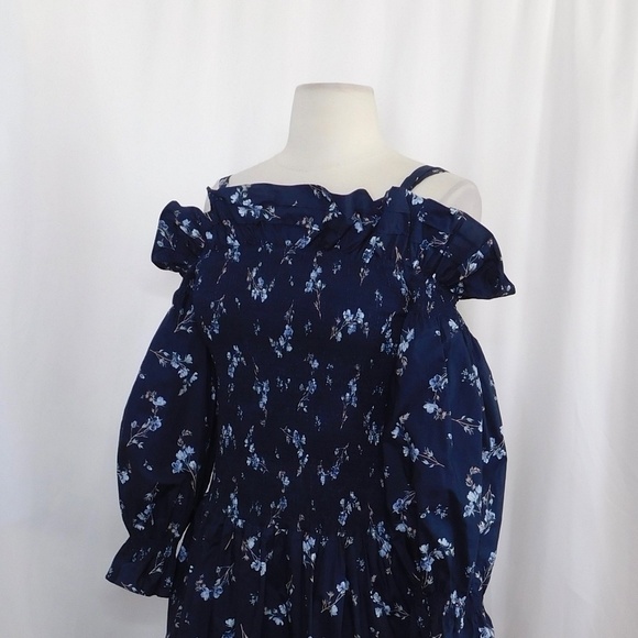 Revolve REBECCA TAYLOR Francine Off Shoulder Dress Floral Smocked Navy Blue 0 - Picture 8 of 16
